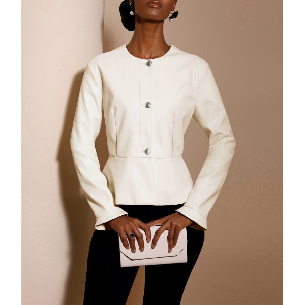 Faux leather blazer with peplum and decorative buttons, champagne
