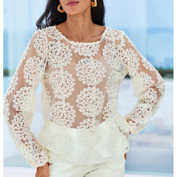 Mesh shirt with 3D floral appliqué, ecru