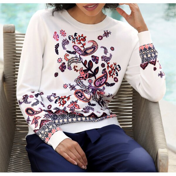 Fine-knit jumper with floral print, ecru-rosewood printed