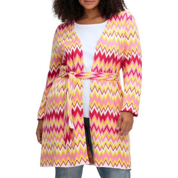 Longstrickjacke mit Zickzack-Jacquardmuster und Bindegürtel, cremerosé-offwhite