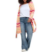Longstrickjacke mit Zickzack-Jacquardmuster und Bindegürtel, cremerosé-offwhite