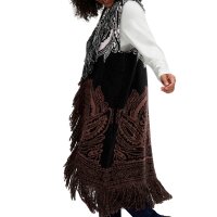 Jacquard knit waistcoat with fringe, black-reddish brown patterned