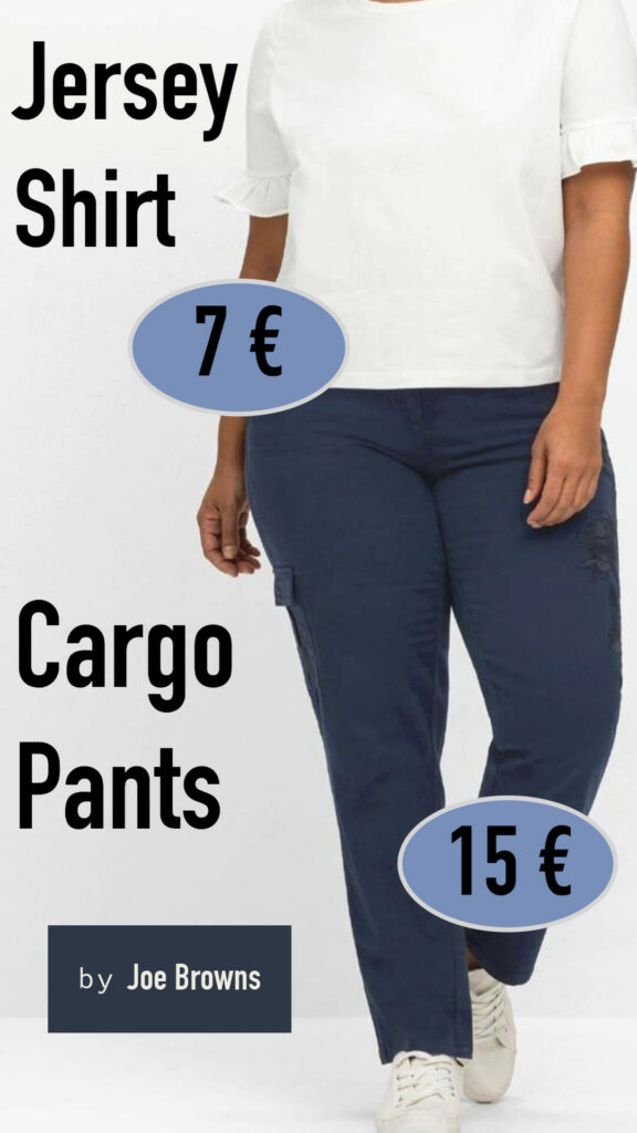 Produktbild weißes Jersey Shirt (7€) und blaue Cargo Pants (15€) von Sheego by Joe Brown