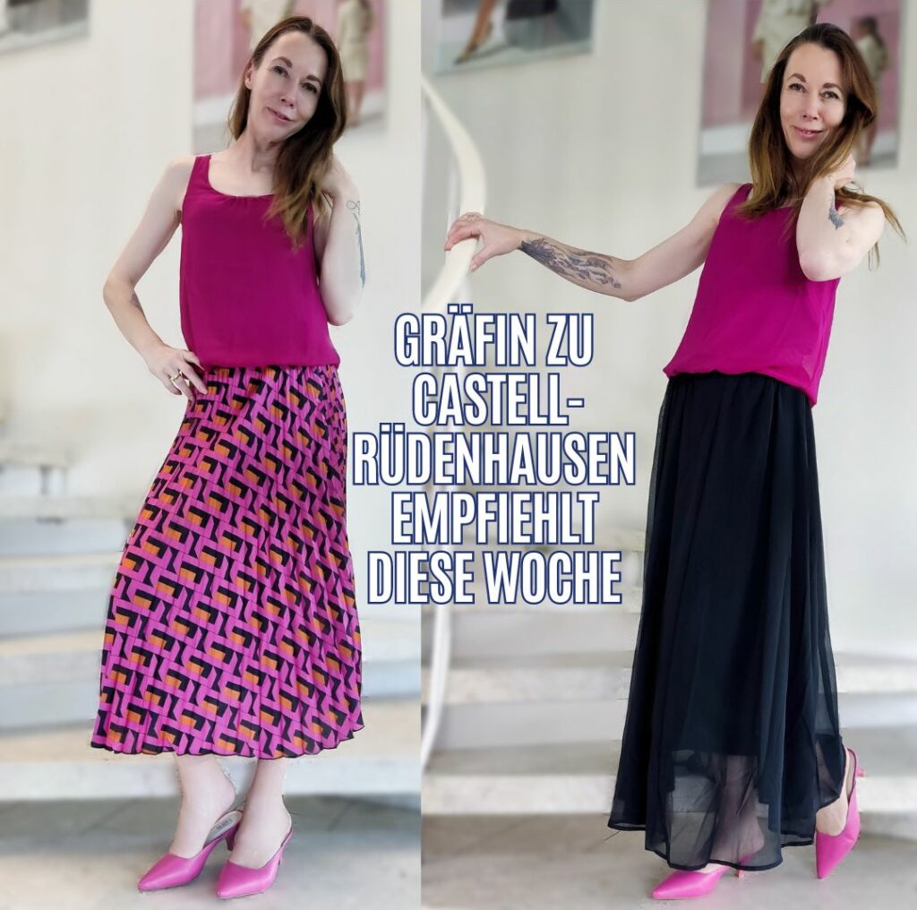 Maxi-Chiffonrock, schwarz von Heine, und Designer-Plisseerock, schwarz-magenta-orange von Rick Cardona, und Designer-Zweilagiges-Blusentop, beere von Linea Tesini und Leder-Sabot, pink von Heine