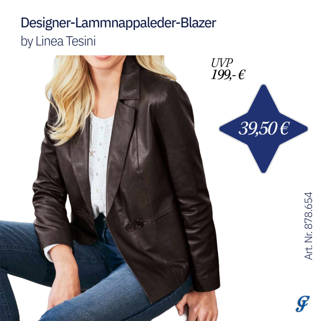 Abgebildet ist eine Frau die einen Designer-Lammnappaleder-Blazer in schokobraun von Linea Tesini Trägt der bei uns im Textilgroßhandel erhältlich ist.