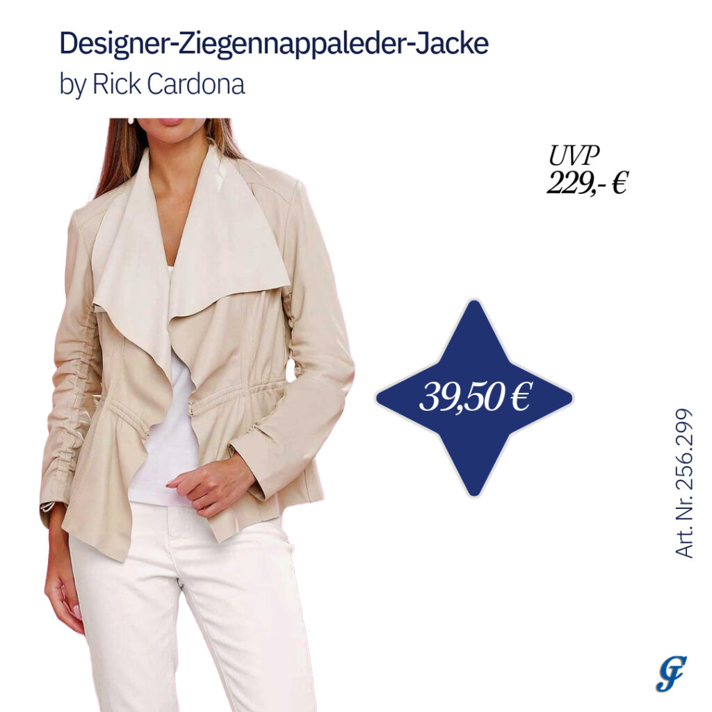 Zu sehen ist eine Frau die eine sesamfarbene Designer-Ziegennappaleder-Jacke von Rick Cardona träg die es bei uns im Textilgroßhandel zu kaufen gibt.