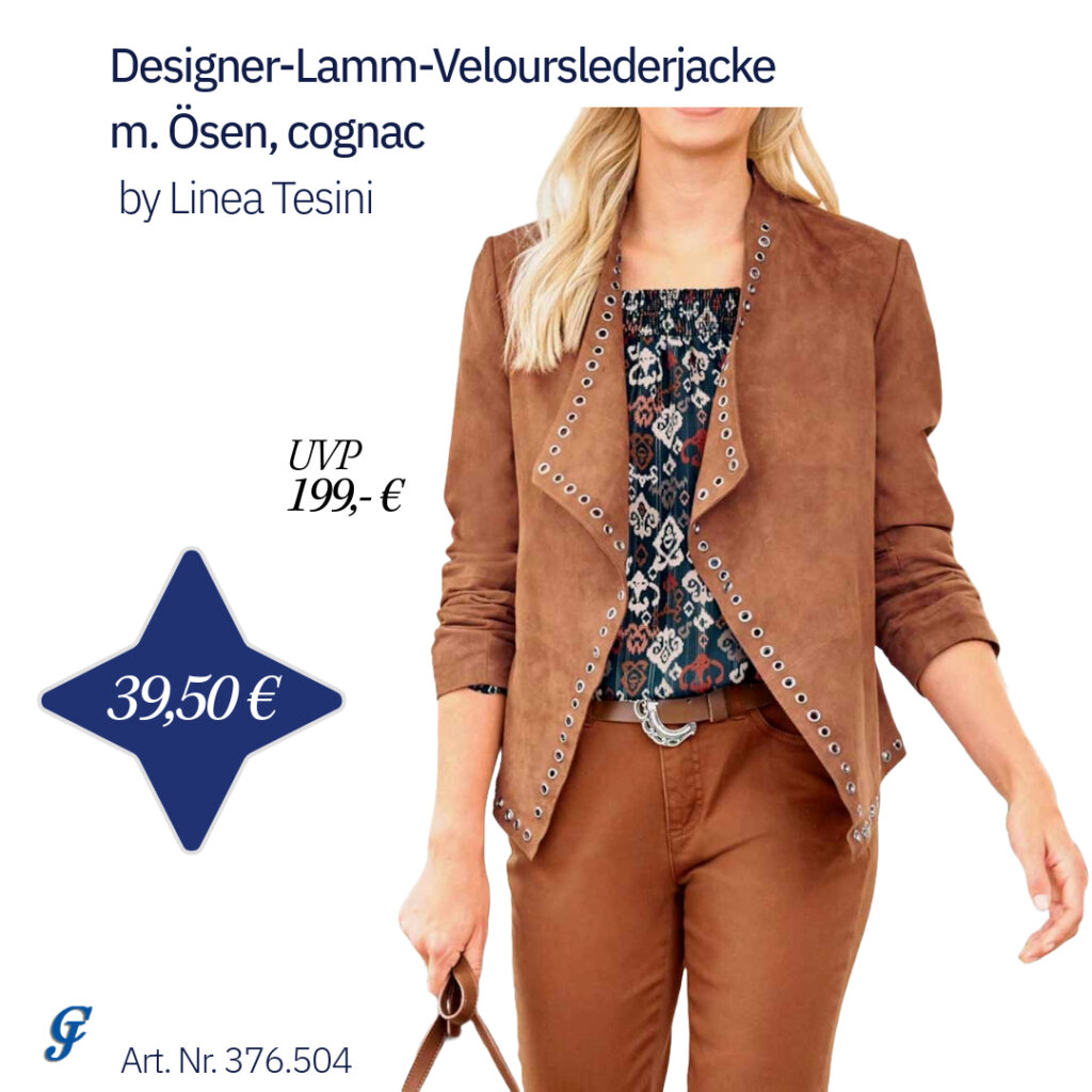 Zu sehen ist eine Frau die eine cognacfarbene Designer-Lamm-Velourslederjacke mit Ösen von Linea Tesini träg die es bei uns im Textilgroßhandel zu kaufen gibt.