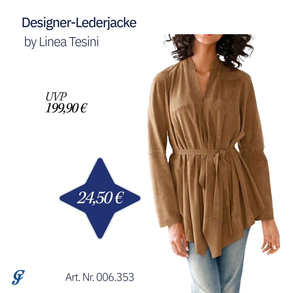 Zu sehen ist eine Frau die eine cognacfarbene Designer-Lederjacke von Linea Tesini träg die es bei uns im Textilgroßhandel zu kaufen gibt.