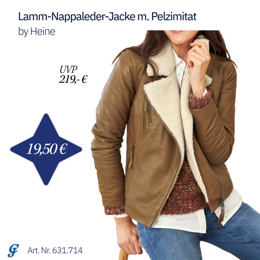 Zu sehen ist eine Frau die eine cognacfarbene Lamm-Nappaleder-Jacke mit Pelzimitat von Heine träg die es bei uns im Textilgroßhandel zu kaufen gibt.