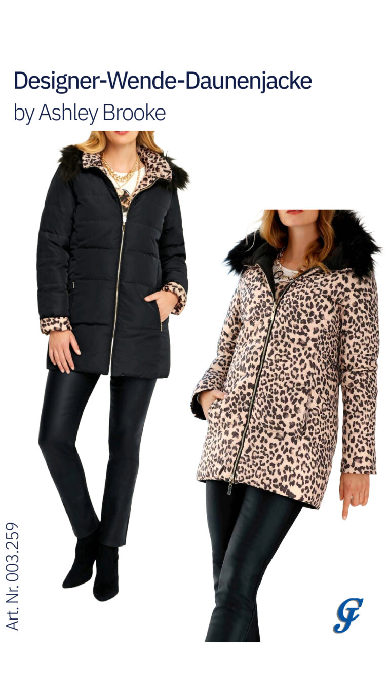 A reversible down jacket by Ashley Brooke, featuring two styles: one side in black with leopard print accents, and the other side in full leopard print.