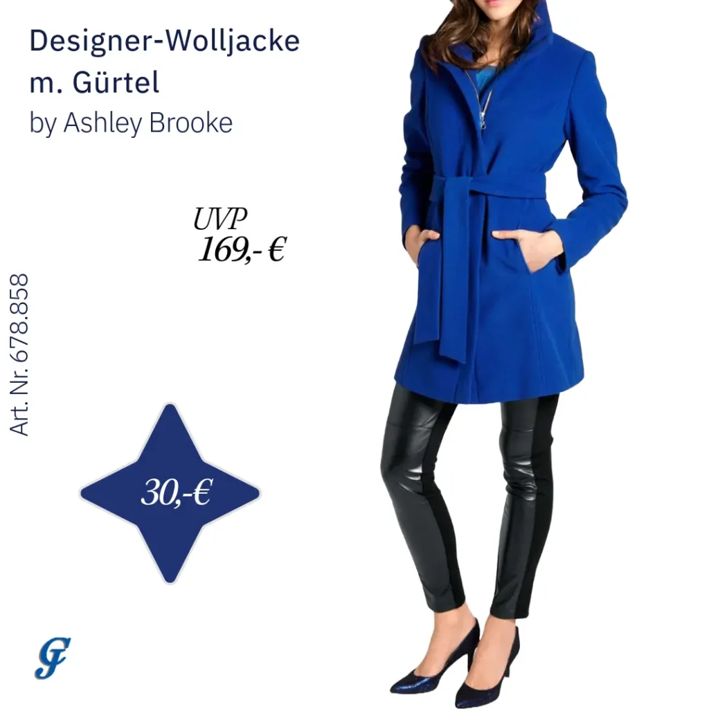 Royalblaue Designer-Wolljacke mit Gürtel im Mode Großhandel