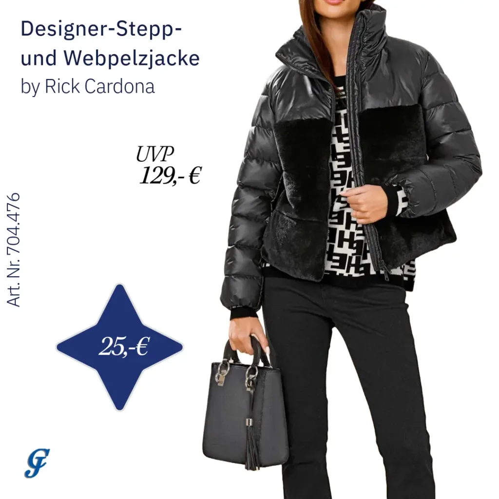 Schwarze Designer-Steppjacke mit Webpelz im Bekleidung Großhandel