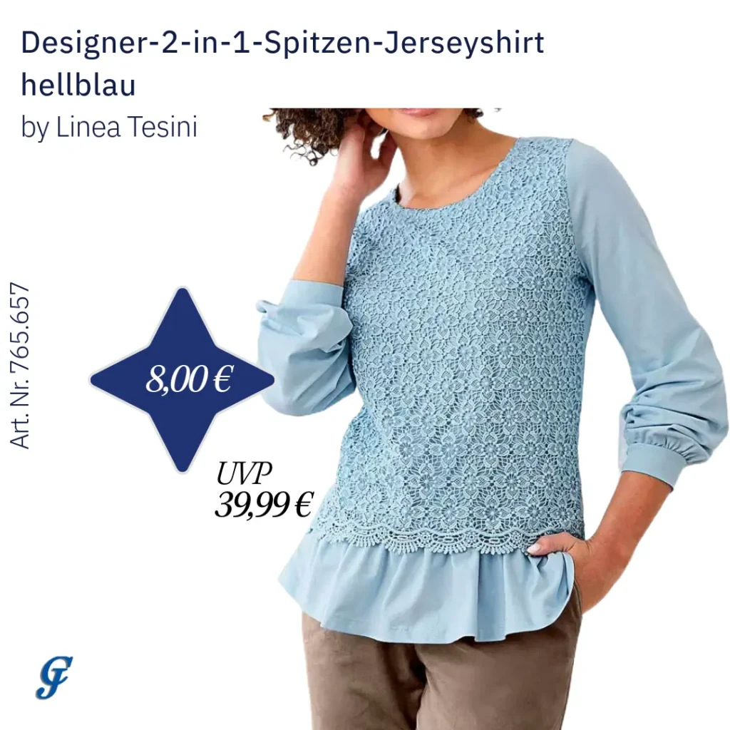 Designer 2-in-1-Spitzen-Jerseyshirt in Hellblau im Mode Großhandel für B2B