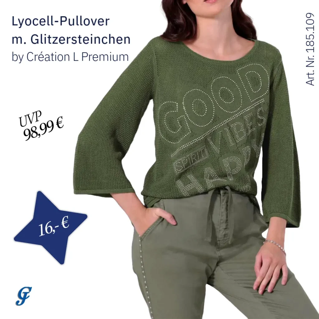 Lyocell-Pullover mit Glitzersteinchen in Khaki – Strickmode B2B Großhandel