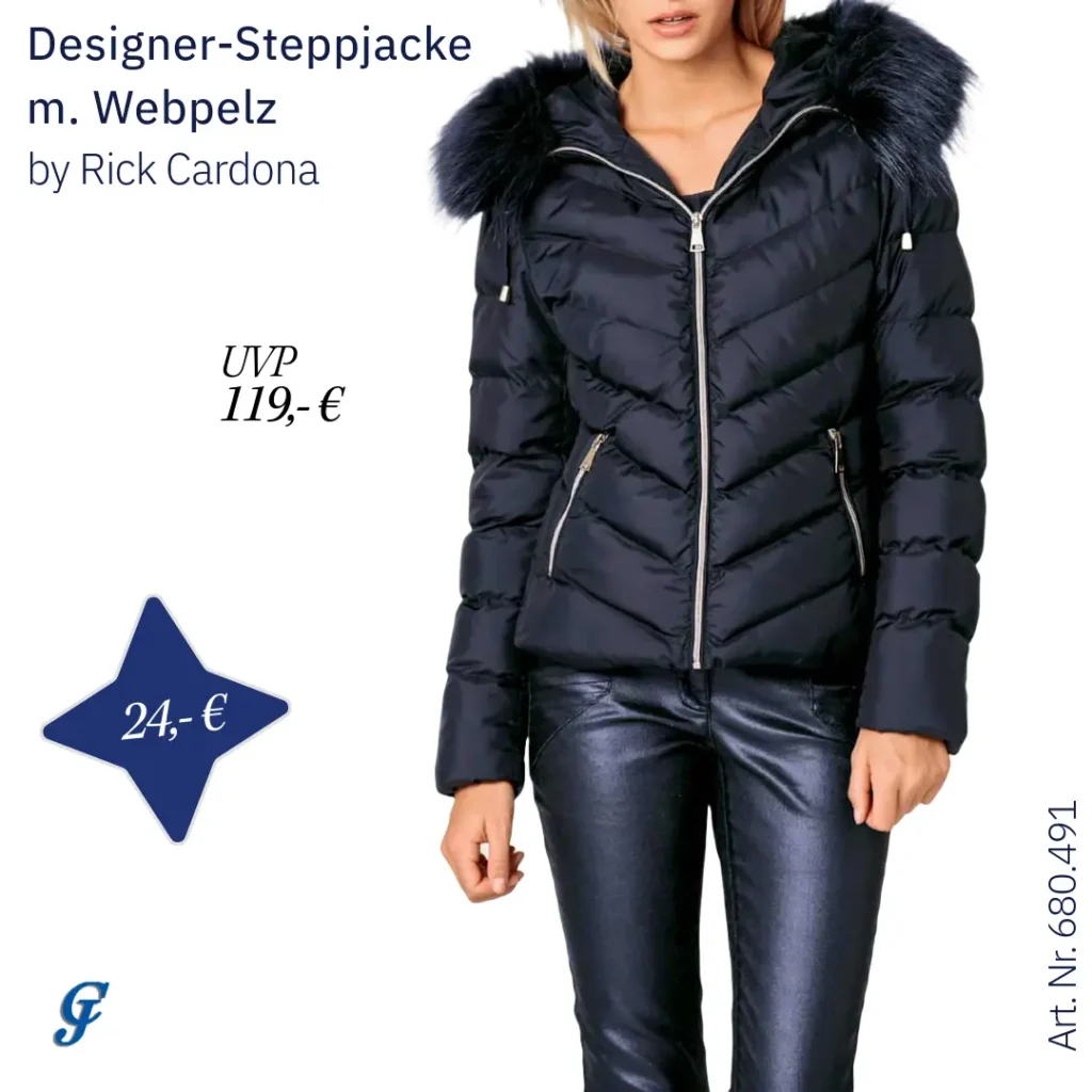 Designer-Steppjacke in marine mit Webpelz im Mode Großhandel