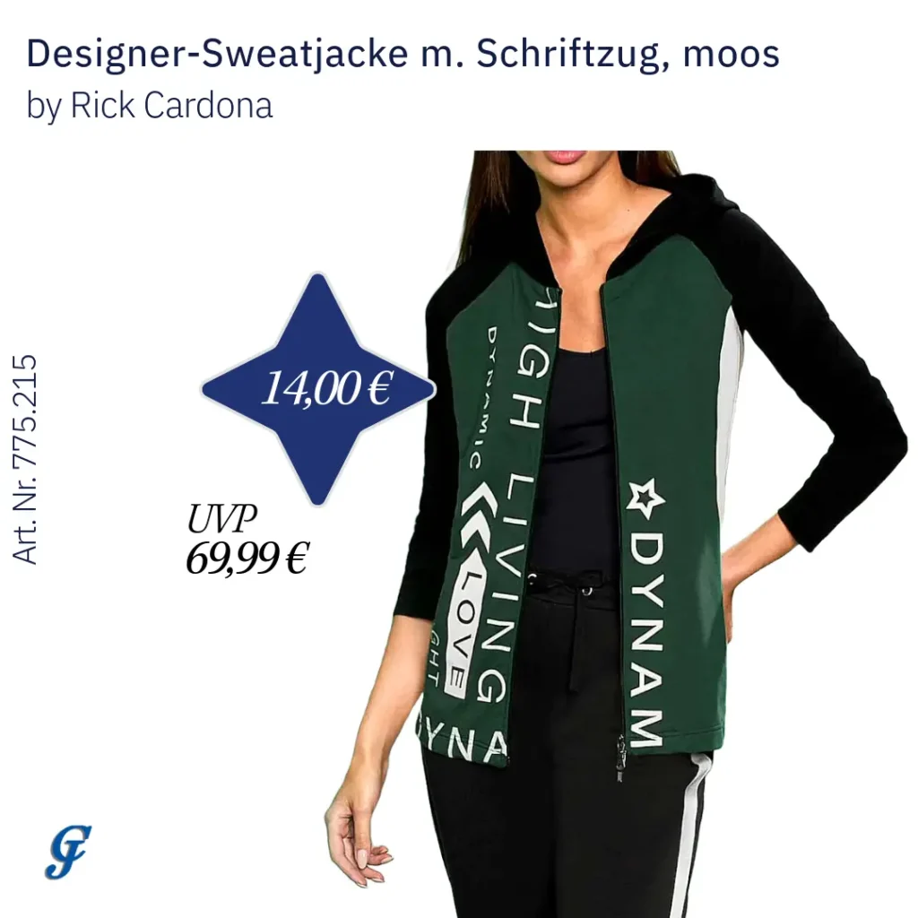 Designer-Sweatjacke mit Schriftzug in Moos im Mode Großhandel für B2B