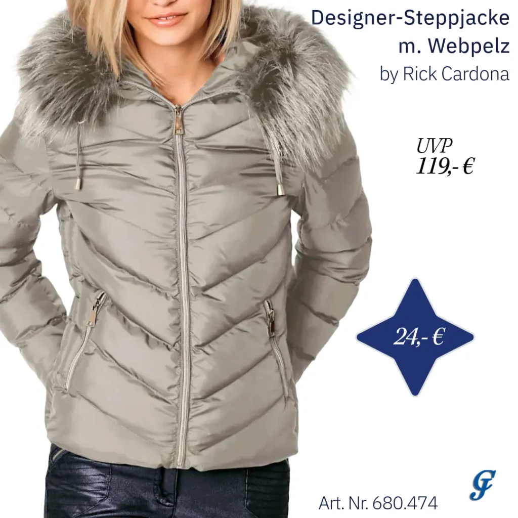 Designer-Steppjacke in der Farbe Taupe mit Webpelz im Mode Großhandel