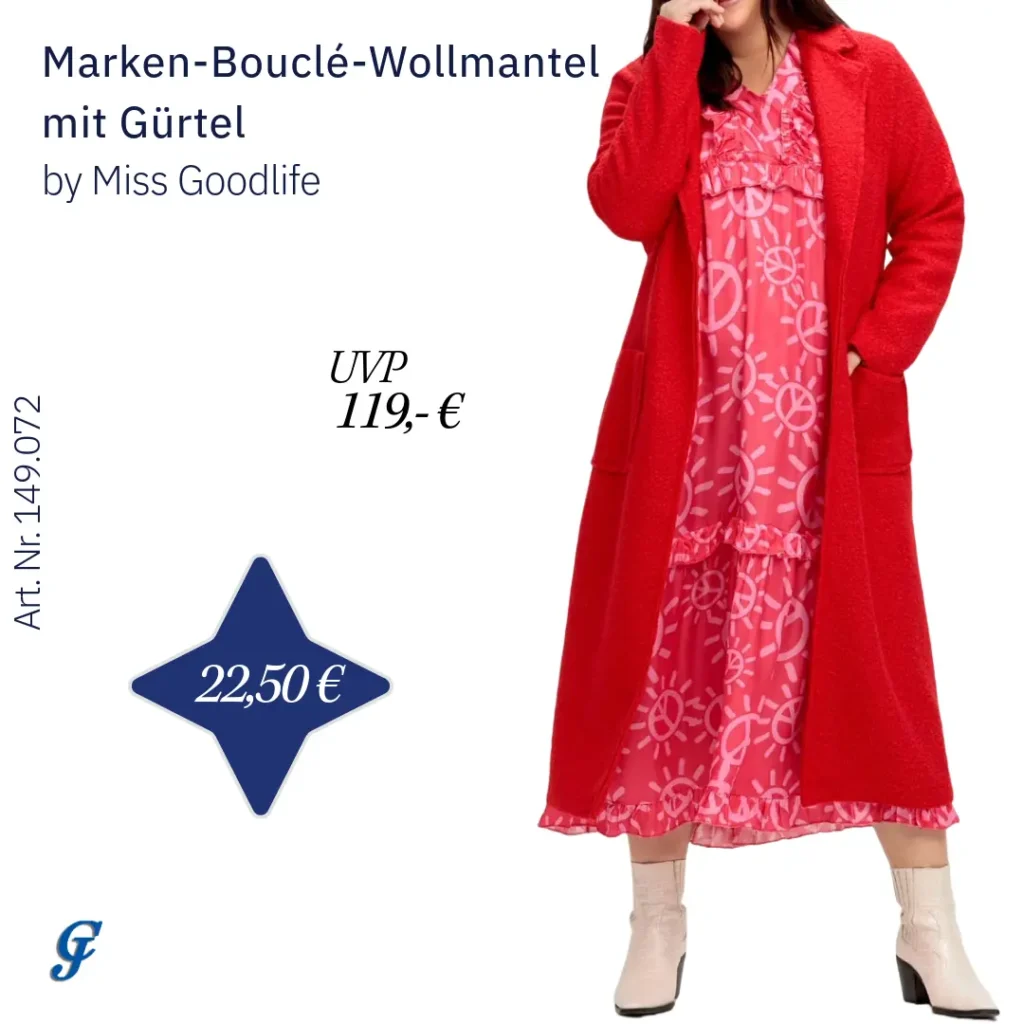 Roter Bouclé-Wollmantel mit Gürtel im Bekleidung Großhandel