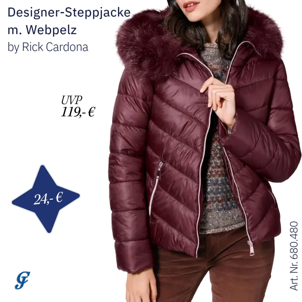 Bordeauxfarbene Designer-Steppjacke mit Webpelz im Mode Großhandel