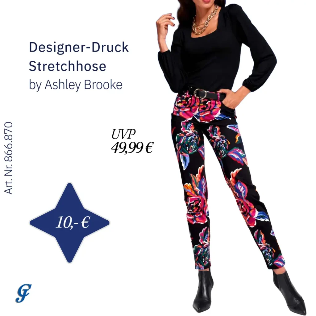 Designer-Druck-Stretchhose in Schwarz-Magenta im Textilien Großhandel