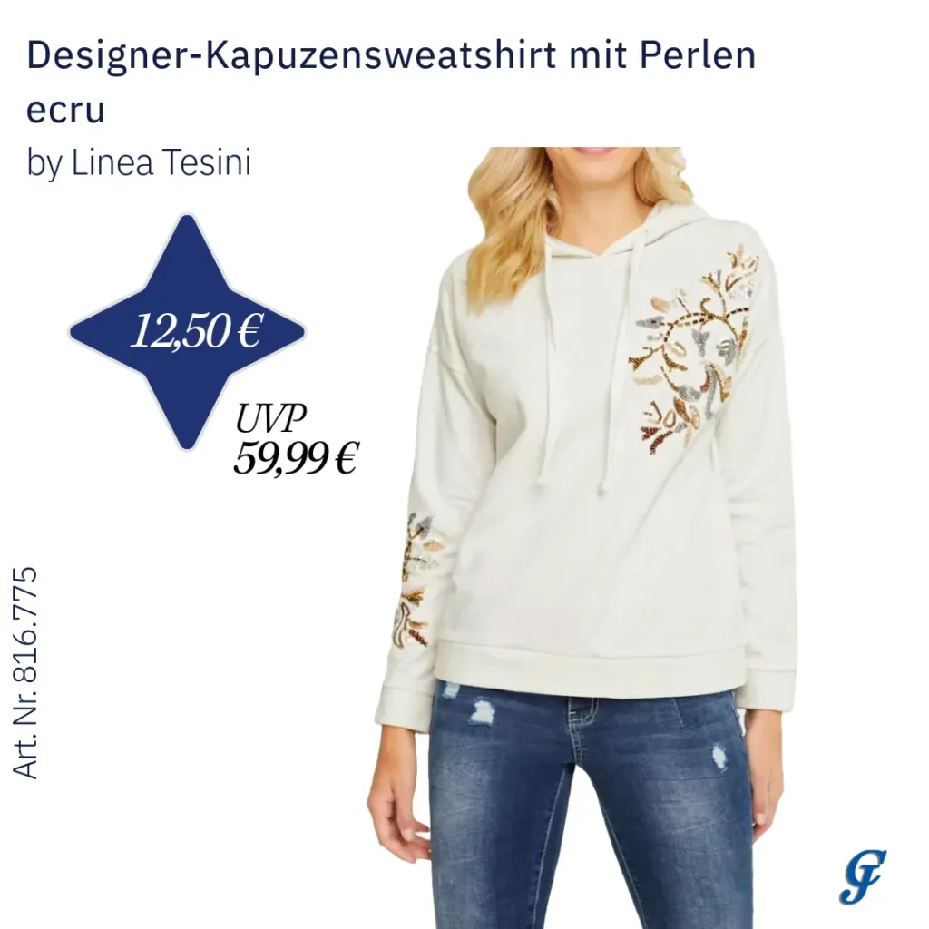 Designer-Kapuzensweatshirt mit Perlen in Ecru im B2B Mode Großhandel