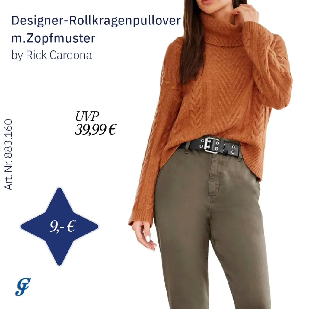 Designer-Rollkragenpullover mit Zopfmuster in Papaya – B2B Strickmode Großhandel