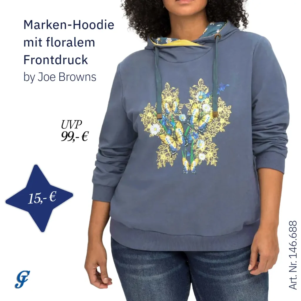 Indigo-farbener Marken-Hoodie mit floralem Print im Bekleidung Großhandel