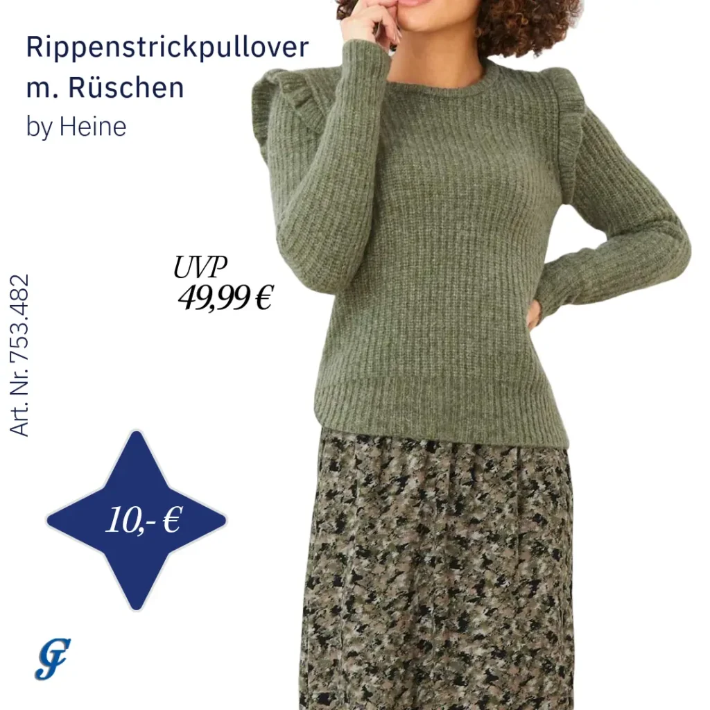 Rippenstrickpullover mit Rüschen in Khaki im Strickmode Großhandel für B2B-Händler