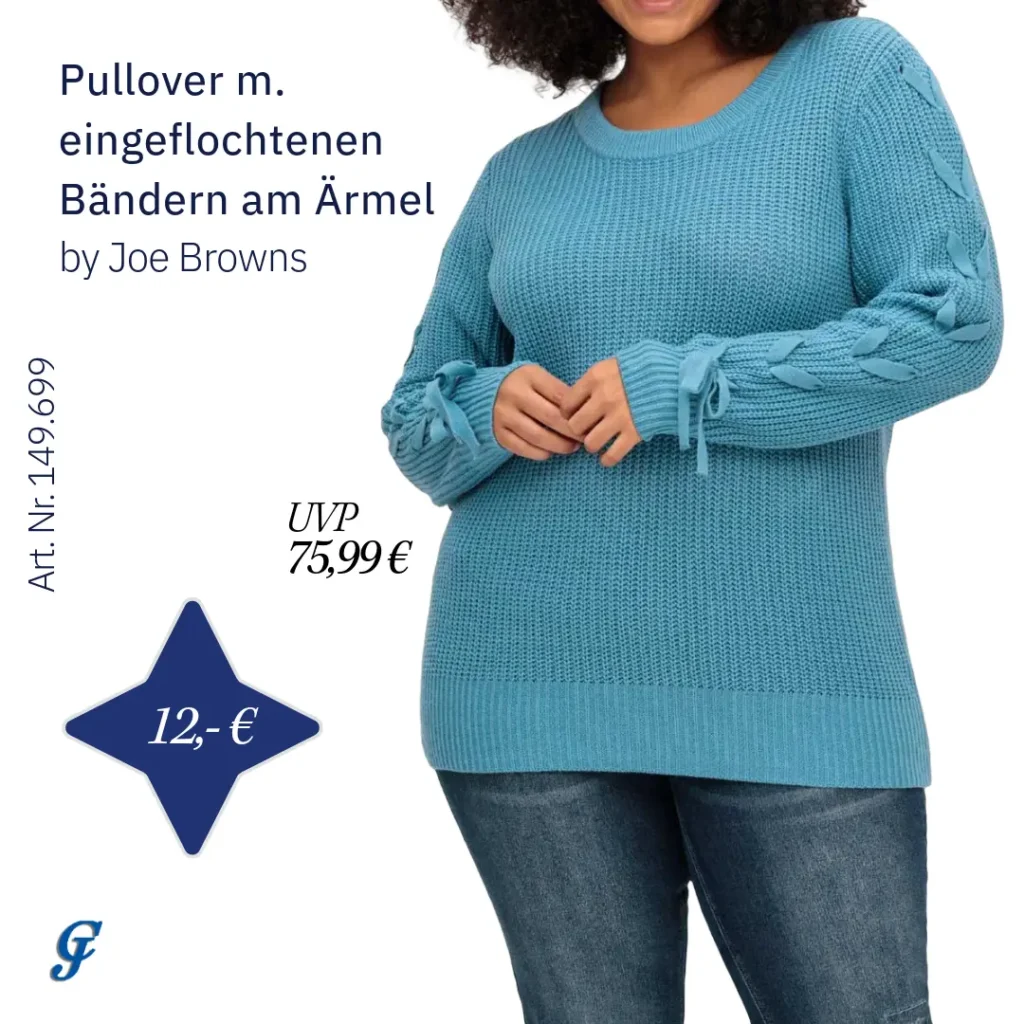 Blauer Pullover mit eingeflochtenen Bändern im Textilgrosshandel