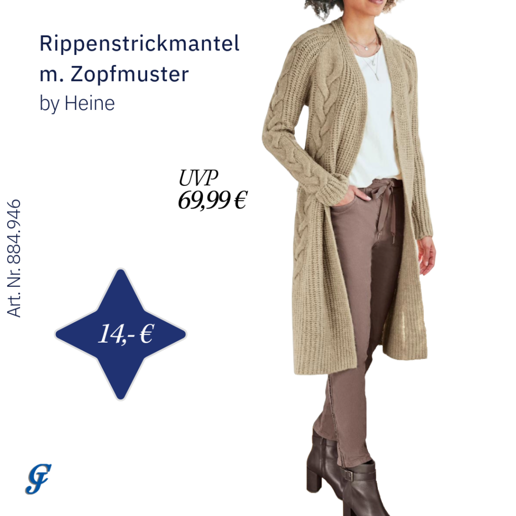 Rippenstrickmantel mit Zopfmuster in Sesam-Meliert im Strickmode B2B Großhandel