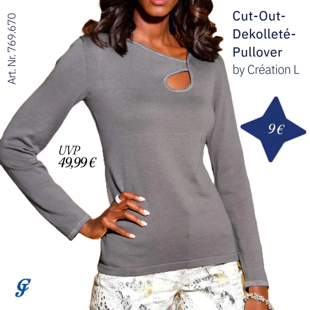 Grauer Pullover mit Cut-Out-Dekolleté im Textilgrosshandel für Curvy-Fashion