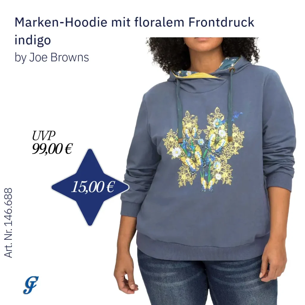 Marken-Hoodie mit floralem Frontdruck in Indigo im Mode Großhandel für B2B