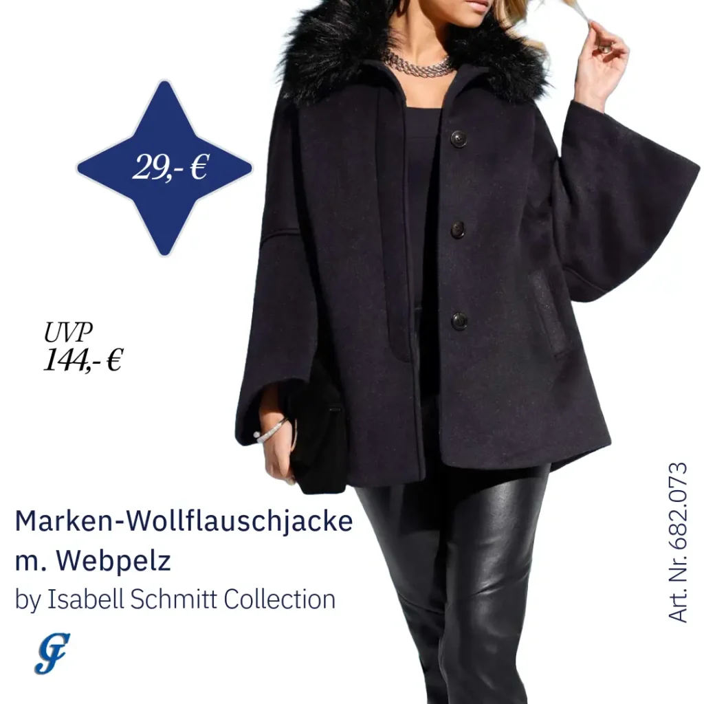 Schwarze Marken-Wollflauschjacke mit Webpelz im Mode Großhandel für Curvy-Textilien