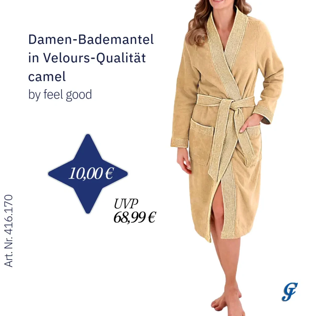 Damen-Bademantel in Velours-Qualität, Camel von feel good – Restposten im Textilgrosshandel