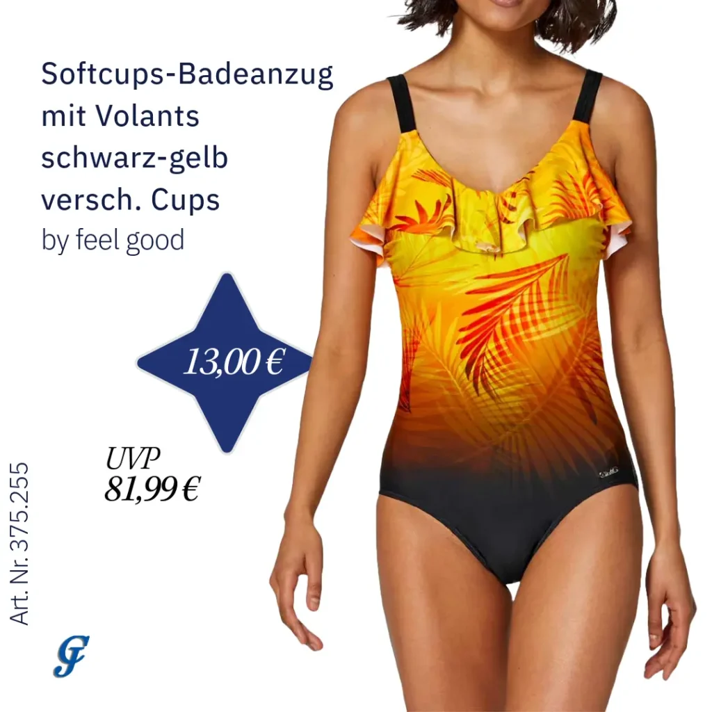 Softcups-Badeanzug mit Volants in Schwarz-Gelb, verschiedene Cups von feel good – Restposten im Textilgrosshandel