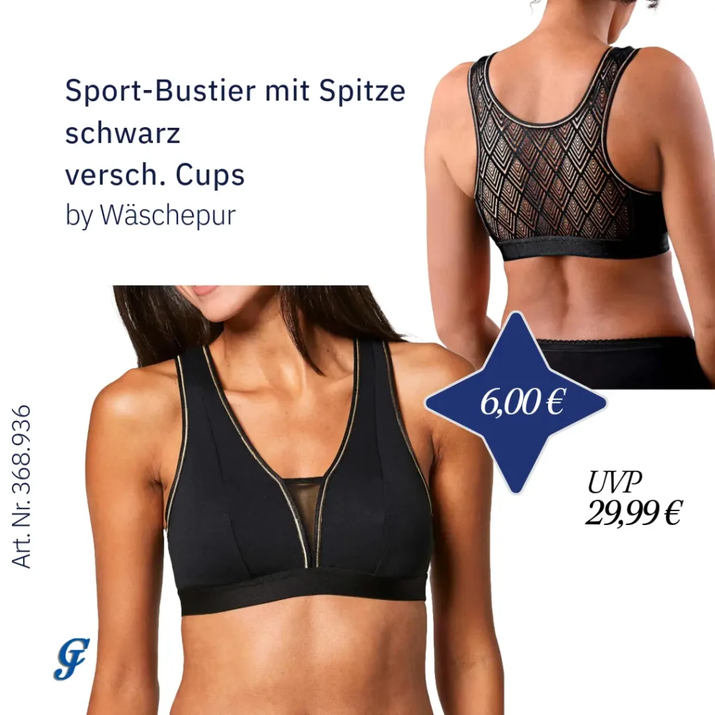 Sport-Bustier mit Spitze in Schwarz, verschiedene Cups von Wäschepur – Restposten im Textilgrosshandel