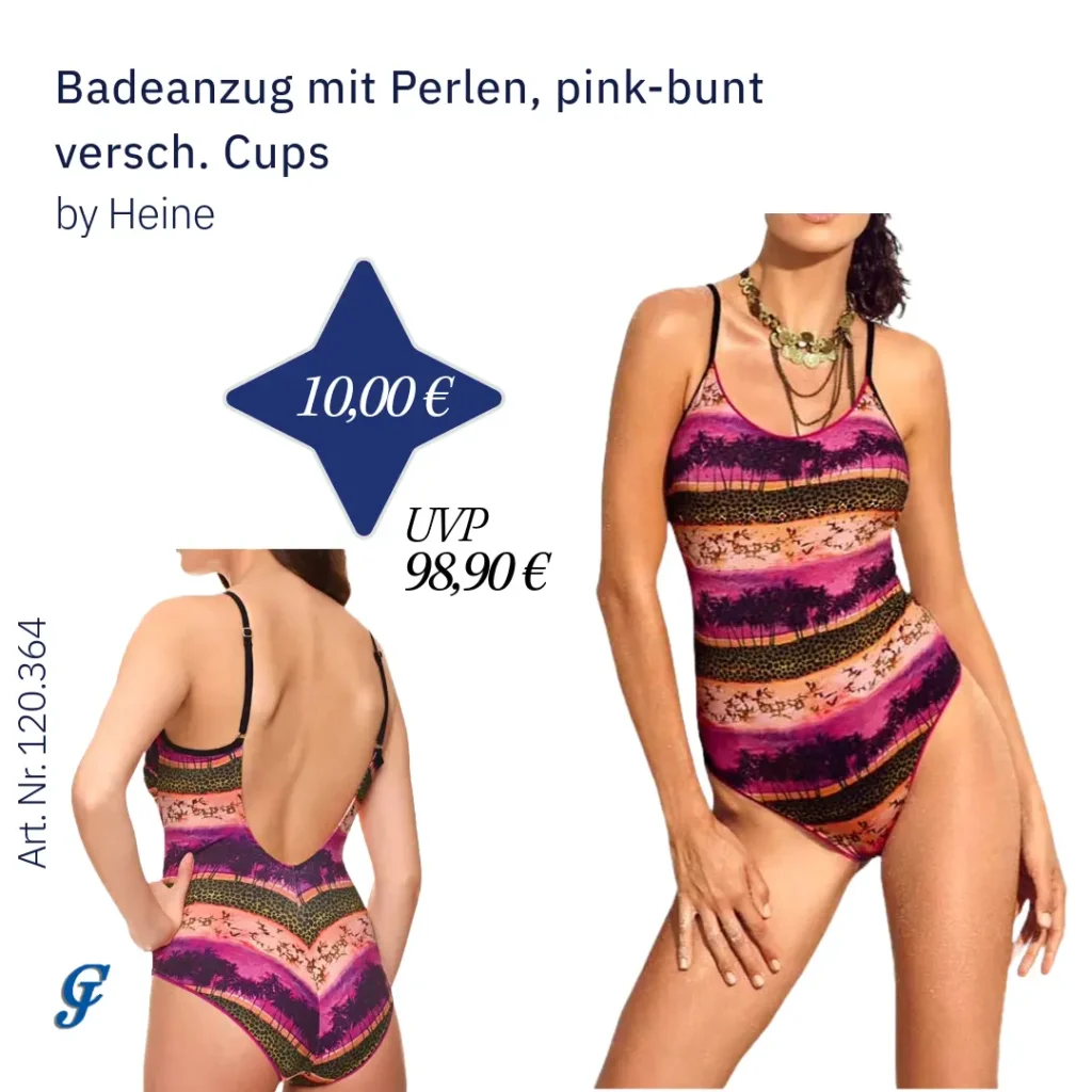 Badeanzug mit Perlen in Pink-Bunt, verschiedene Cups von Heine – Restposten im Textilgrosshandel