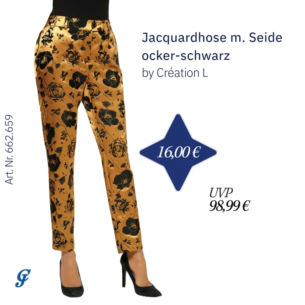 Jacquardhose mit Seide – Ocker-Schwarz | Abendmode im Großhandel