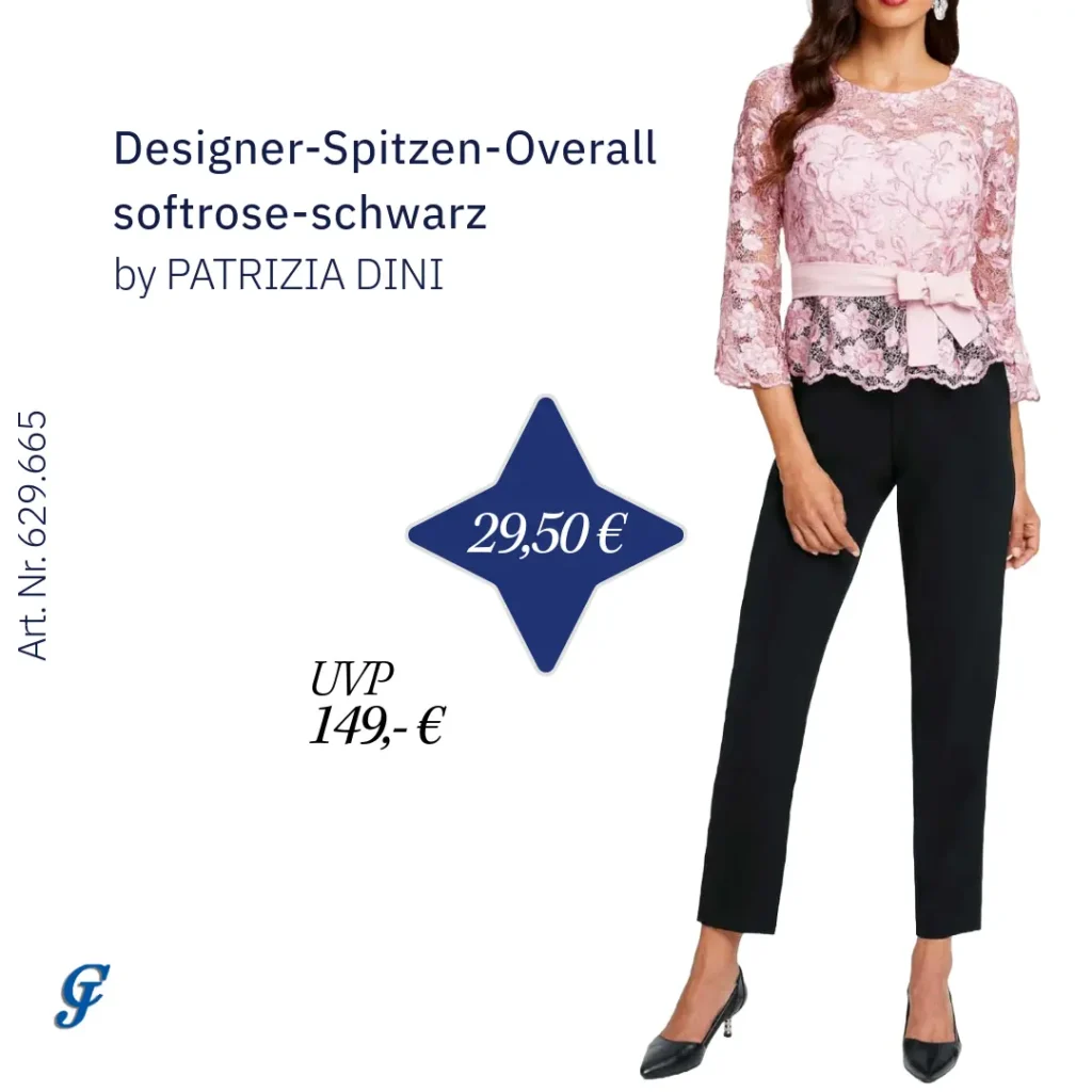 Designer-Spitzen-Overall in Softrose und Schwarz – Abendmode im Großhandel