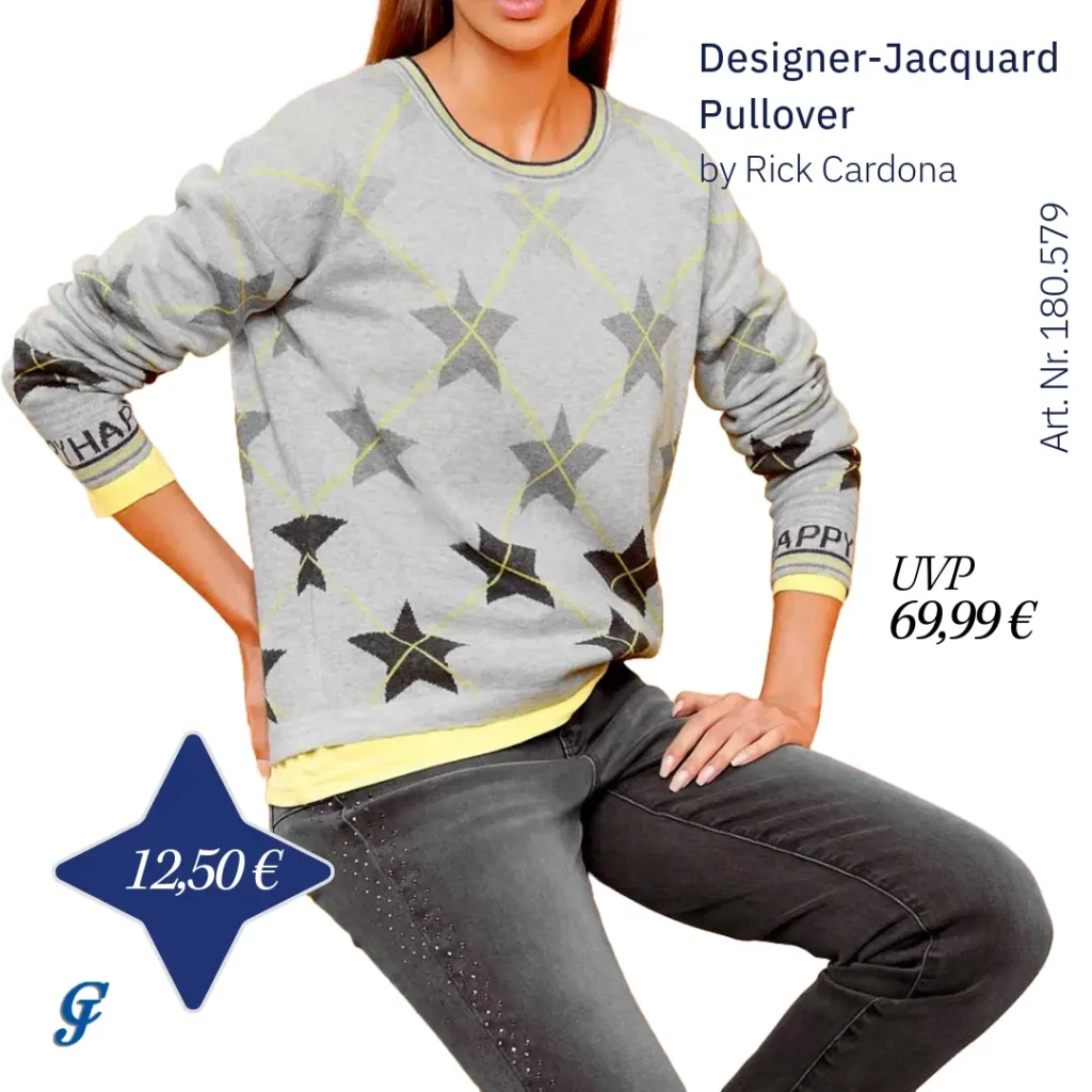 Designer-Jacquard-Pullover in Hellgrau-Limone im Strickmode Großhandel für B2B