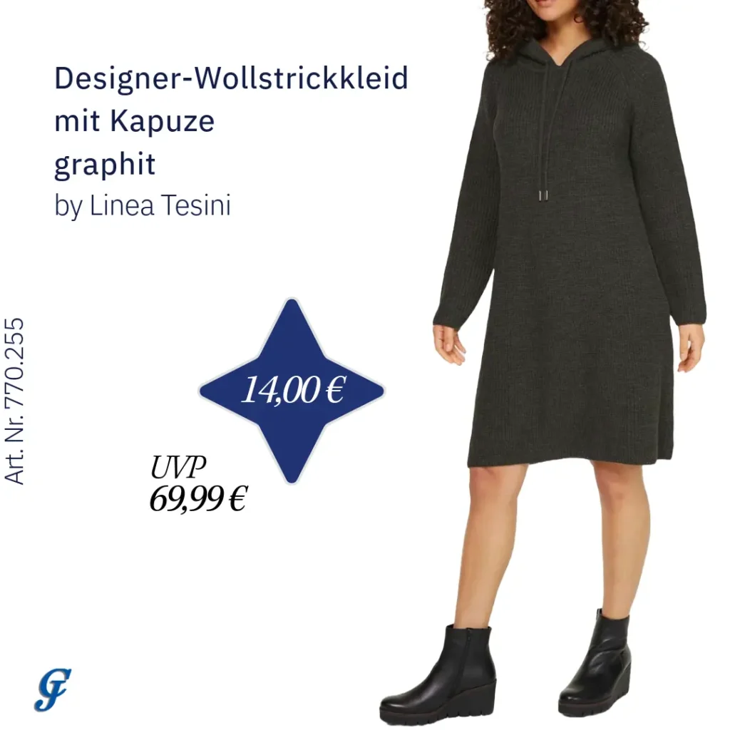 Graphitfarbenes Designer-Wollstrickkleid mit Kapuze für den Großhandel