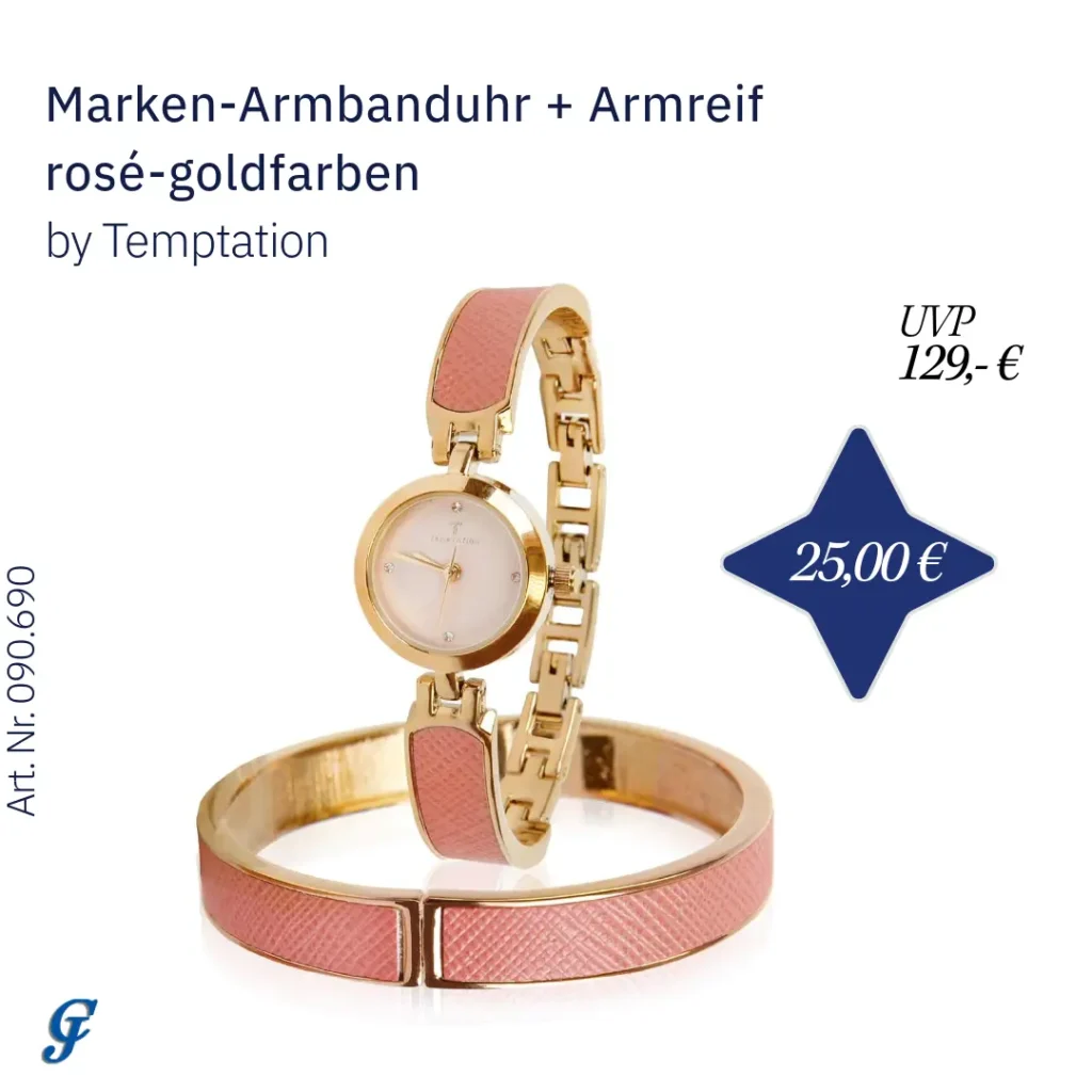 Rosé-goldfarbene Armbanduhr mit passendem Armreif im Textilgrosshandel