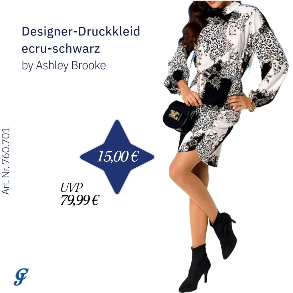 Ecru-schwarzes Designer-Druckkleid von Ashley Brooke für den Großhandel