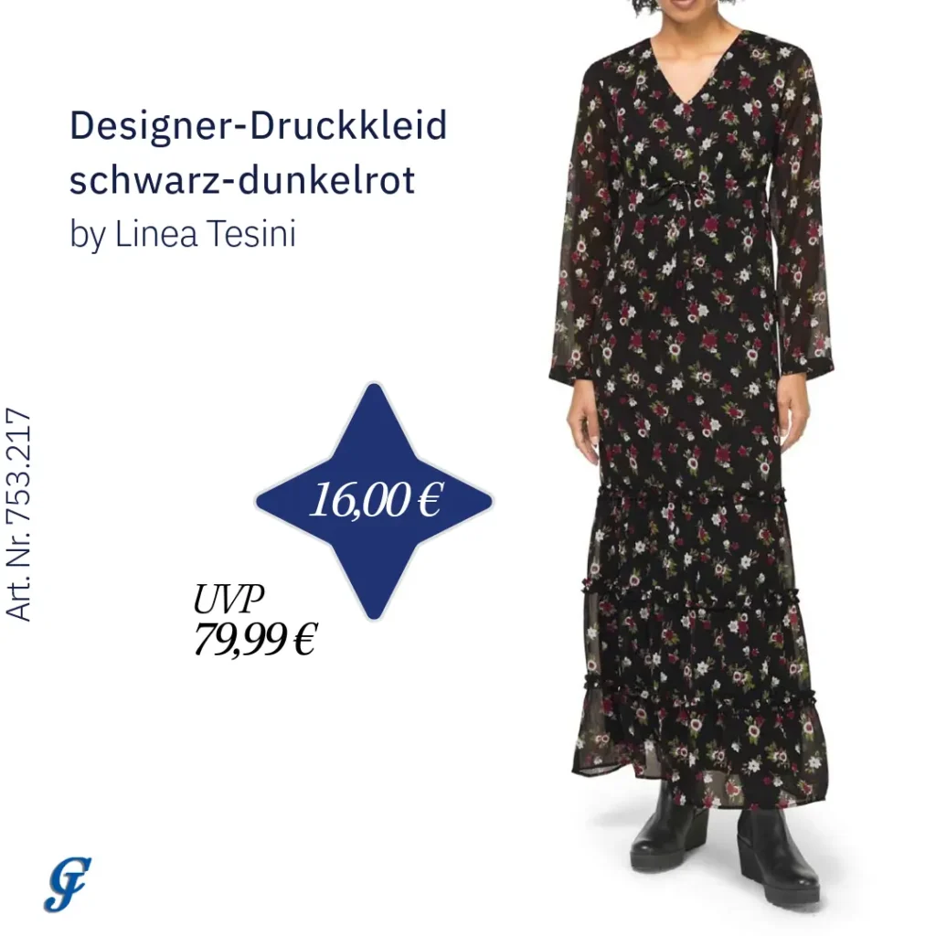 Schwarz-dunkelrotes Designer-Druckkleid von Linea Tesini für den Großhandel