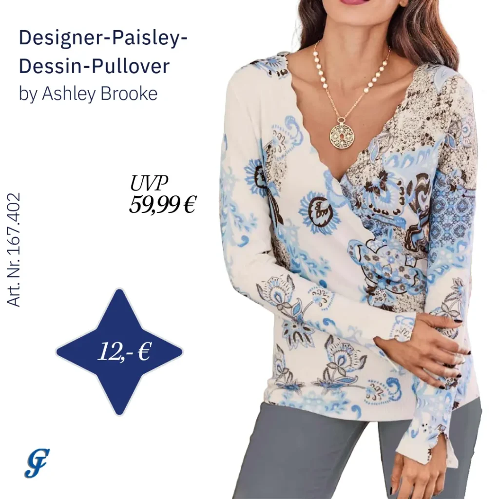 Designer-Pullover mit Paisley-Dessin in Himmelblau-Ecru im Strickmode B2B Großhandel