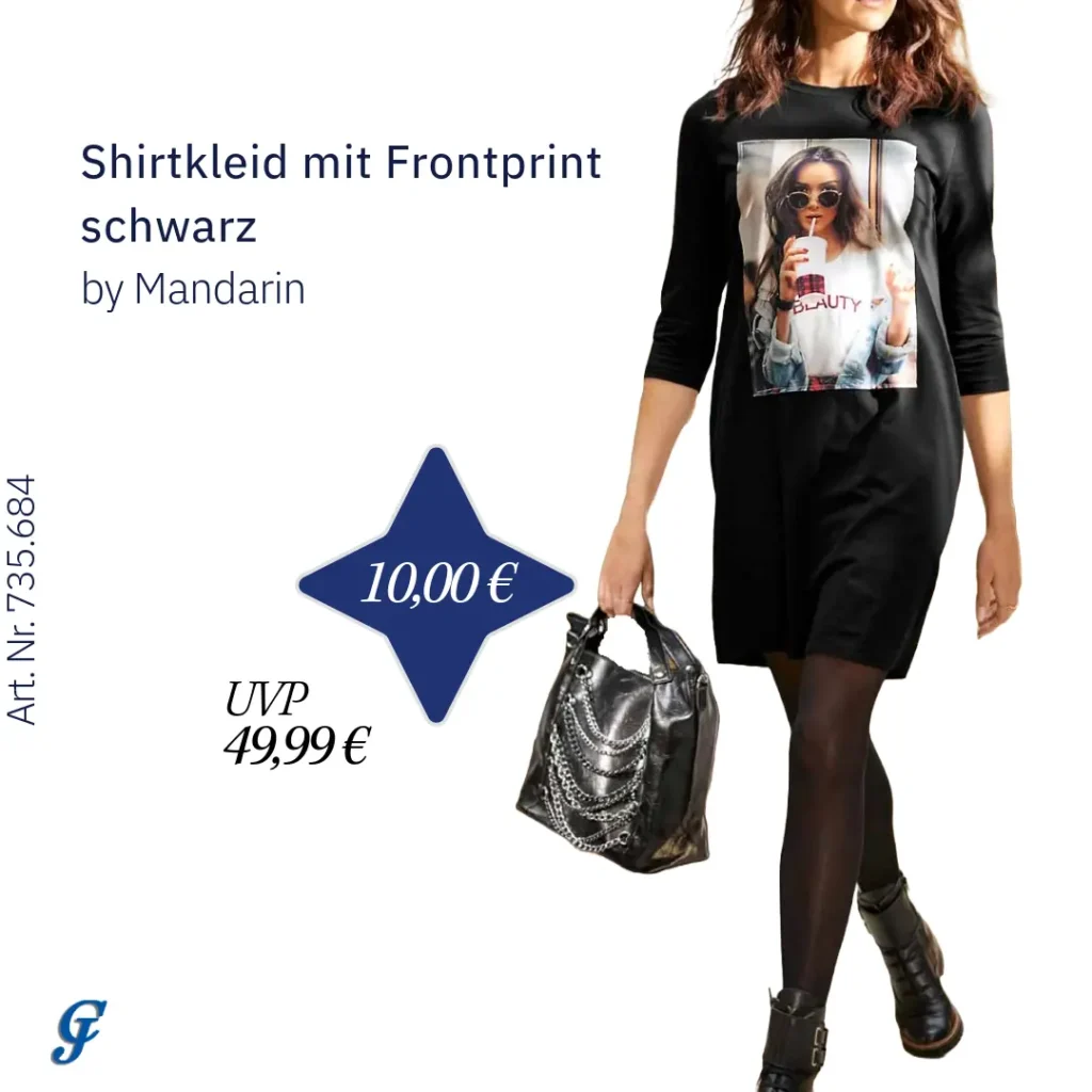 Schwarzes Shirtkleid mit Frontprint von Mandarin für den Großhandel