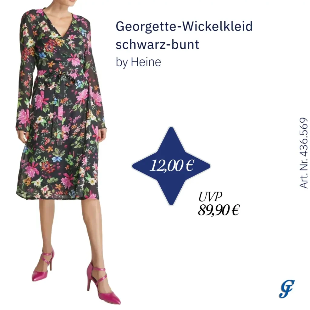 Schwarz-buntes Georgette-Wickelkleid von Heine für den Großhandel