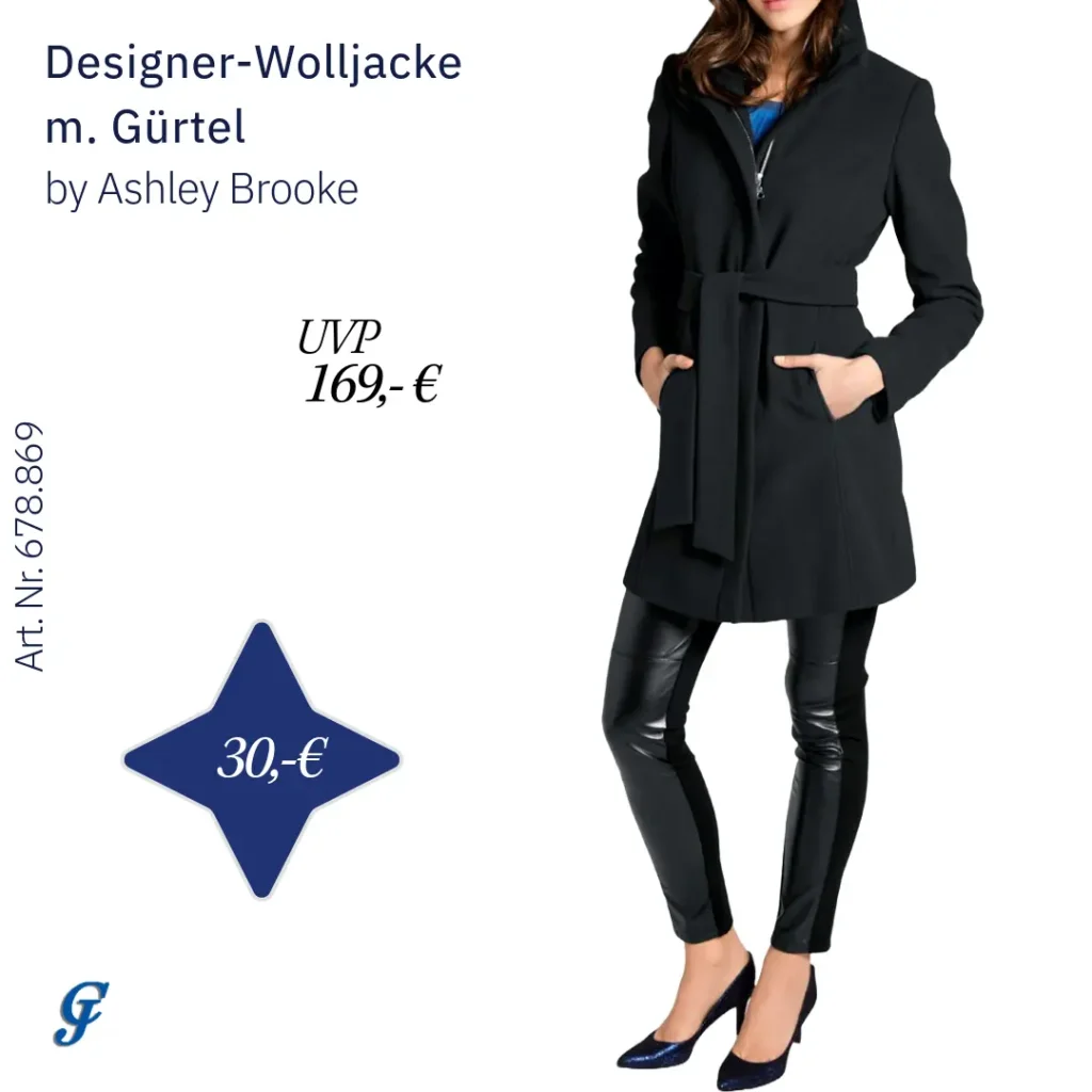 Schwarze Designer-Wolljacke mit Gürtel im Mode Großhandel