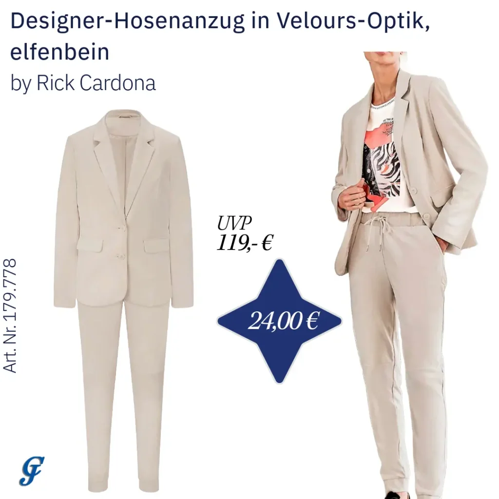 Eleganter elfenbeinfarbener Designer-Hosenanzug in Velours-Optik von Rick Cardona