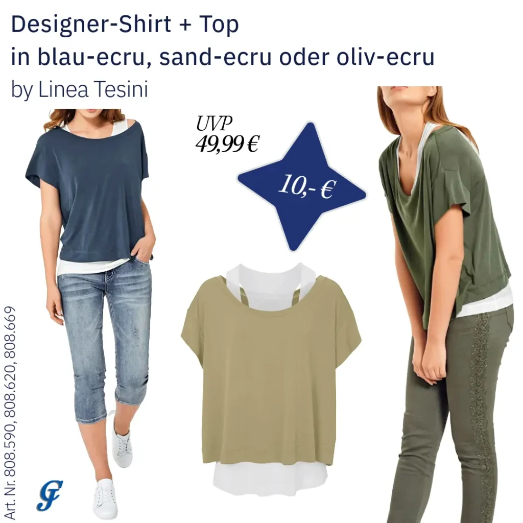 Designer-Shirt und Top in blau-ecru, sand-ecru oder oliv-ecru von Linea Tesini